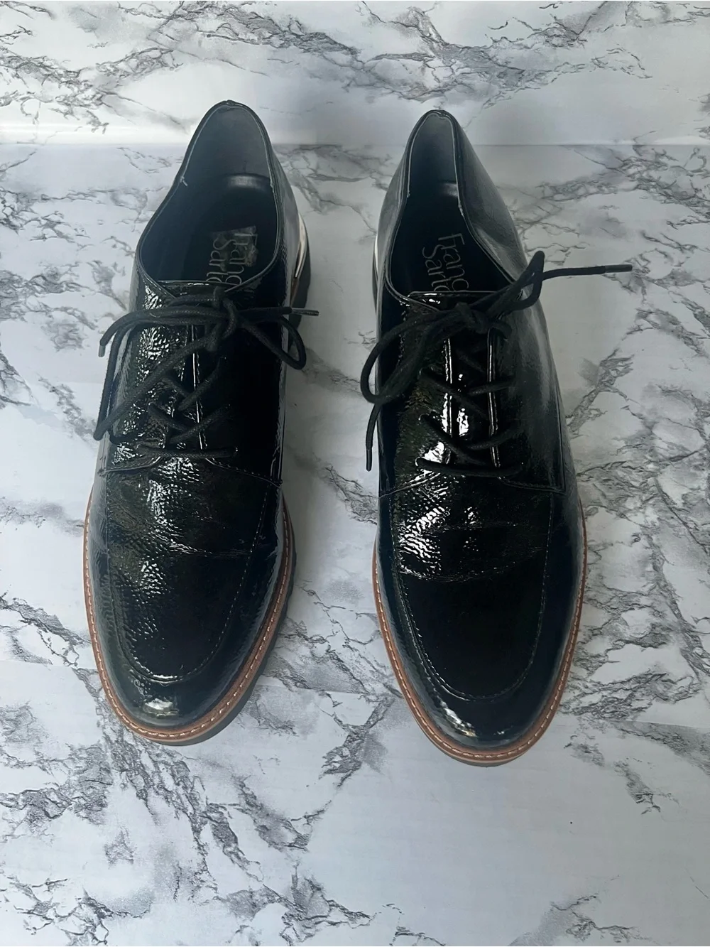 Franco Sarto Charles Black Patent Derby Lug Sole Shoe 11 Preppy Quiet Luxury